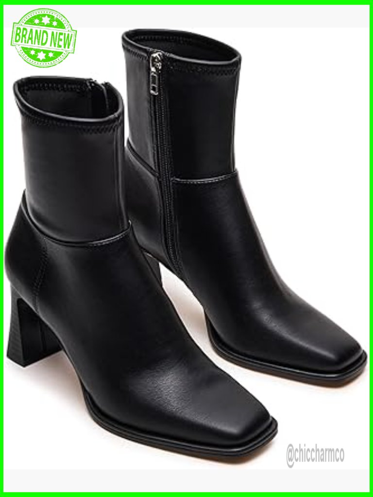 Square Toe Chunky Heel Booties Side Zip Short Booties Fashion Combat Mid Calf